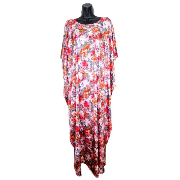 VTG 60s 70s Hawaiian Floral Kaftan Maxi Dress Mumuu Patio - Picture 2 of 14